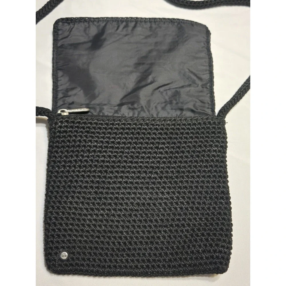 The Sak Black Crochet Knit Flap Crossbody Bag Purse Small Square Y2K Boho